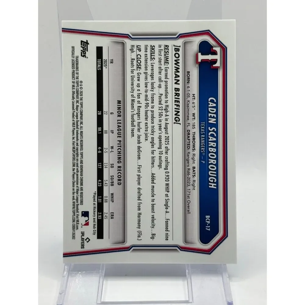 2026 Bowman Chrome Sapphire Caden Scarborough 1st Bowman Refractor Texas Rangers